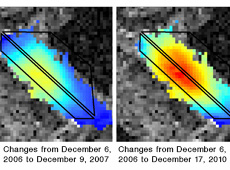 Dam body displacement. Darker red pixels indicate increased amounts of subsidence.