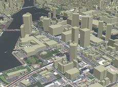 3D urban map, with precision enhanced by a DigitalGlobe satellite image (courtesy: NTT Data Corp., RESTEC, DigitalGlobe, JAXA)