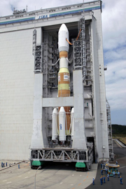 H-IIB launch vehicle being transferred to the launch pad