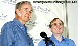 Burt Rutan (left) and Paul Allen at the press conference following the first successful privately funded human space flight, June 21, 2004. photo
