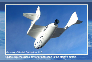 SpaceShipOne glides down for approach to 
						the Mojave airport.