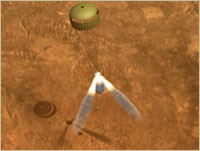 Spacecraft, protected in an aeroshell, landing on Mars using a parachute (Courtesy of NASA/JPL-Caltech)