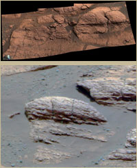 Opportunity found evidence of water in Martian rocks. El Capitan (upper) and Last Chance (lower) (Courtesy of NASA/JPL-Caltech/Cornell)