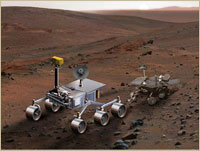 Comparison of sizes of Mars Science Laboratory (left) and Spirit (right) (Courtesy of NASA/JPL-Caltech)