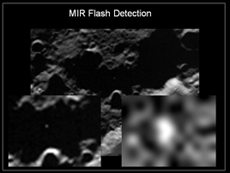 Images of the Centaur rocket (left) and the flash of its impact (right) taken by the LROSS near-infrared camera. (Courtesy of NASA)