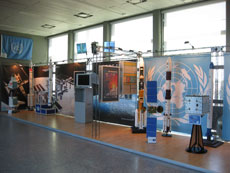 Exhibition corner at the UN Outer Space Affairs Office. You can see an H-IIA Launch Vehicle mockup in the center. (Photo by UN Outer Space Affairs)