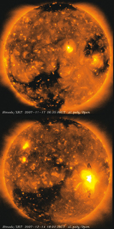  HINODE’s X-ray image of the Sun. The dark areas are coronal holes. Top image was taken on November 17, 2007; bottom image was taken on December 14, 2007. The coronal hole extending from the south returned 27 days later. (courtesy: NAOJ/JAXA)