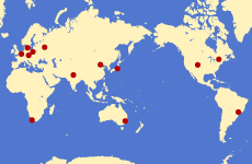 Forecast centers of the International Space Environment Service (ISES) around the world. As of August 2011, 13 nations are participating in the ISES.
