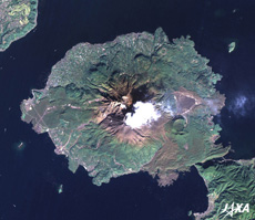 Sakurajima, photographed by DAICHI in November 2008. The white area near the center is smoke.