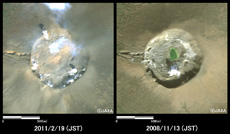 A crater observed by DAICHI before an eruption (right) and after (left). The post-eruption image shows that lava remains in the crater.