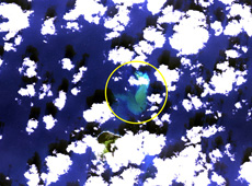 Image provided by DAICHI of an underwater volcanic eruption near South Iwo Jima, one of the Ogasawara Islands. The white objects are clouds and the yellow circle shows water discoloration.