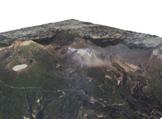 A three-dimensional image of an eruption of Mt. Shinmoe, based on data from DAICHI. The white and light gray areas on the mountain’s slopes show where ash has fallen.