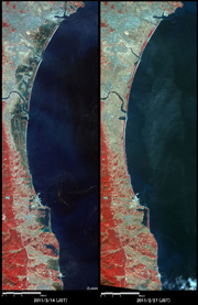 Images of the Tohoku coastline taken by DAICHI, pre-disaster on the right and post-disaster on the left. The dark blue sections in the post-disaster image are areas covered by water.