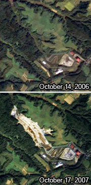 Monitoring of industrial-waste processing sites by DAICHI. The chronological imagery shows the accumulation of waste. (courtesy: JAXA/ Yokoyama Geo-Spatial Information Laboratory Co., Ltd.)
