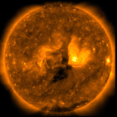 The Sun observed by X-ray telescope. The corona appears brighter than the surface of the Sun because X-rays are emitted from hot plasma.