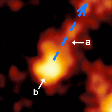 (a) A plasma stream coming from the centre of the Milky Way galaxy at a temperature of 10 million degrees Celsius, and (b) its source, a “plasma lake.” This region is hard to detect in X-rays due to its faint structure, but was discovered thanks to Suzaku’s high resolution. (courtesy: Tsuru et al. PASJ, 61, S219-S223 (2009) )