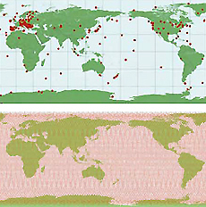 Current ground observation points (top) and GOSAT's observation points (bottom).