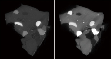 X-ray CT imaging of two different wavelengths, or different energies. Minerals are identified by looking at the subtle differences in the brightness of the light they reflect. (Courtesy of Osaka University and JAXA)