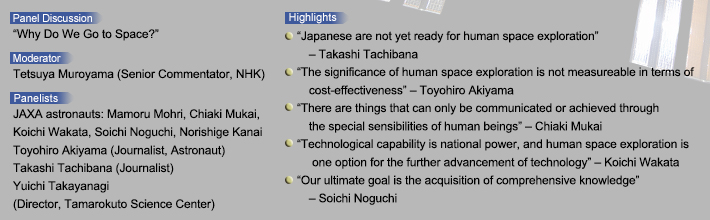 Panel Discussion: ?Why Do We Go to Space??  Moderator: Tetsuya Muroyama (Senior Commentator, NHK)  Panelists:  JAXA astronauts: Mamoru Mohri, Chiaki Mukai, Koichi Wakata, Soichi Noguchi, Norishige Kanai  Toyohiro Akiyama (Journalist, Astronaut)  Takashi Tachibana (Journalist)  Yuichi Takayanagi (Director, Tamarokuto Science Center)  Highlights:  ??Japanese are not yet ready for human space exploration? ? Takashi Tachibana  ??The significance of human space exploration is not measureable in terms of cost-effectiveness? ? Toyohiro Akiyama  ??There are things that can only be communicated or achieved through the special sensibilities of human beings? ? Chiaki Mukai  ??Technological capability is national power, and human space exploration is one option for the further advancement of technology? ? Koichi Wakata  ??Our ultimate goal is the acquisition of comprehensive knowledge? ? Soichi Noguchi
