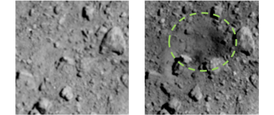 Før og efter billede af krateret i asteroiden Ryugu