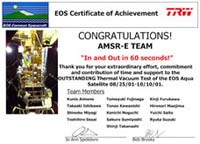 The letter of gratitude to the AMSR-E team from the satellite manufacturer, TRW