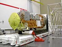 The spacecraft on the trailer before its transportation (AMSR-E is the gold parts on this side)