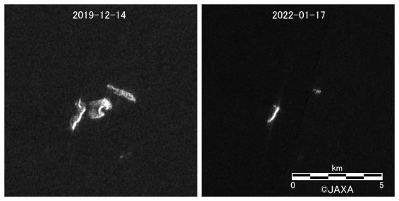 Figure 1: Changes in Hunga Tonga–Hunga Haʻapai volcano observed by DAICHI-2 
	   (Left) Image on December 14, 2019, (Right) Image on January 17, 2022
	   