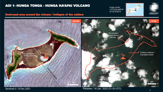 Figure 2: Optical satellite images provided by the International Charter “Space and Major Disasters
	   (Left) Image on December 8, 2021, Sentinel-2 (10m resolution)
	   (Right) Image on January 16, 2022, Pléiades (50cm resolution)
	   Copyright: Contains modified Copernicus Sentinel data (2021)
	   Includes Pleiades material © CNES (2022), Distribution Airbus DS.
	   Map produced by UNITAR / UNOSAT
	   