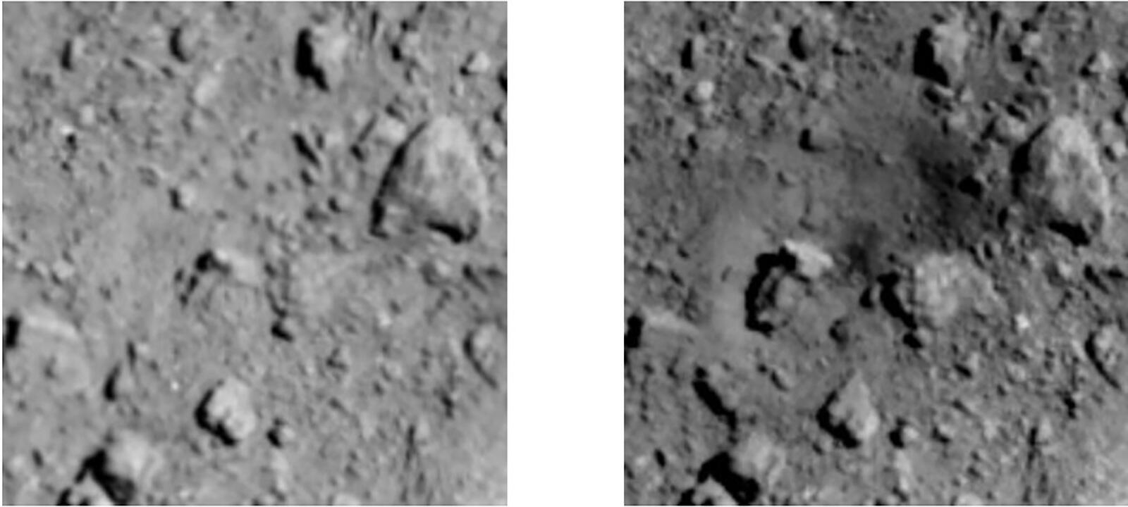 The surface of Ryugu before (left) and after (right) the creation of an artificial crater.