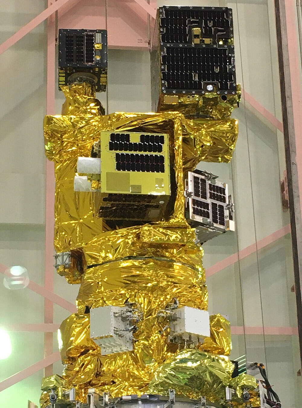 Configuration of Innovative Satellite Technology Demonstration-2: RApid Innovative payload demonstration satellitE 2 (RAISE-2), which carries six components, and a total of eight microsatellites and CubeSats