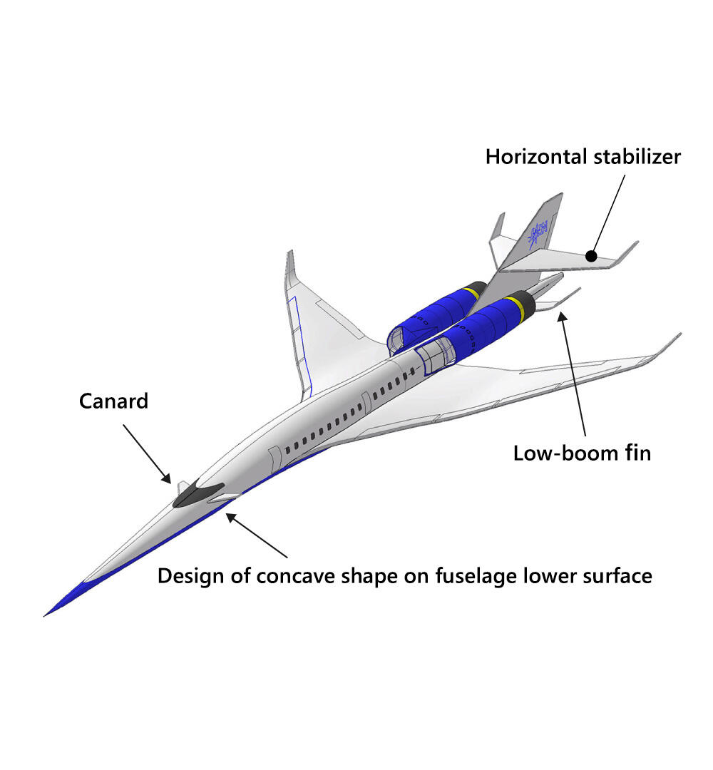 CG image of a supersonic aircraft fitted with low-boom parts