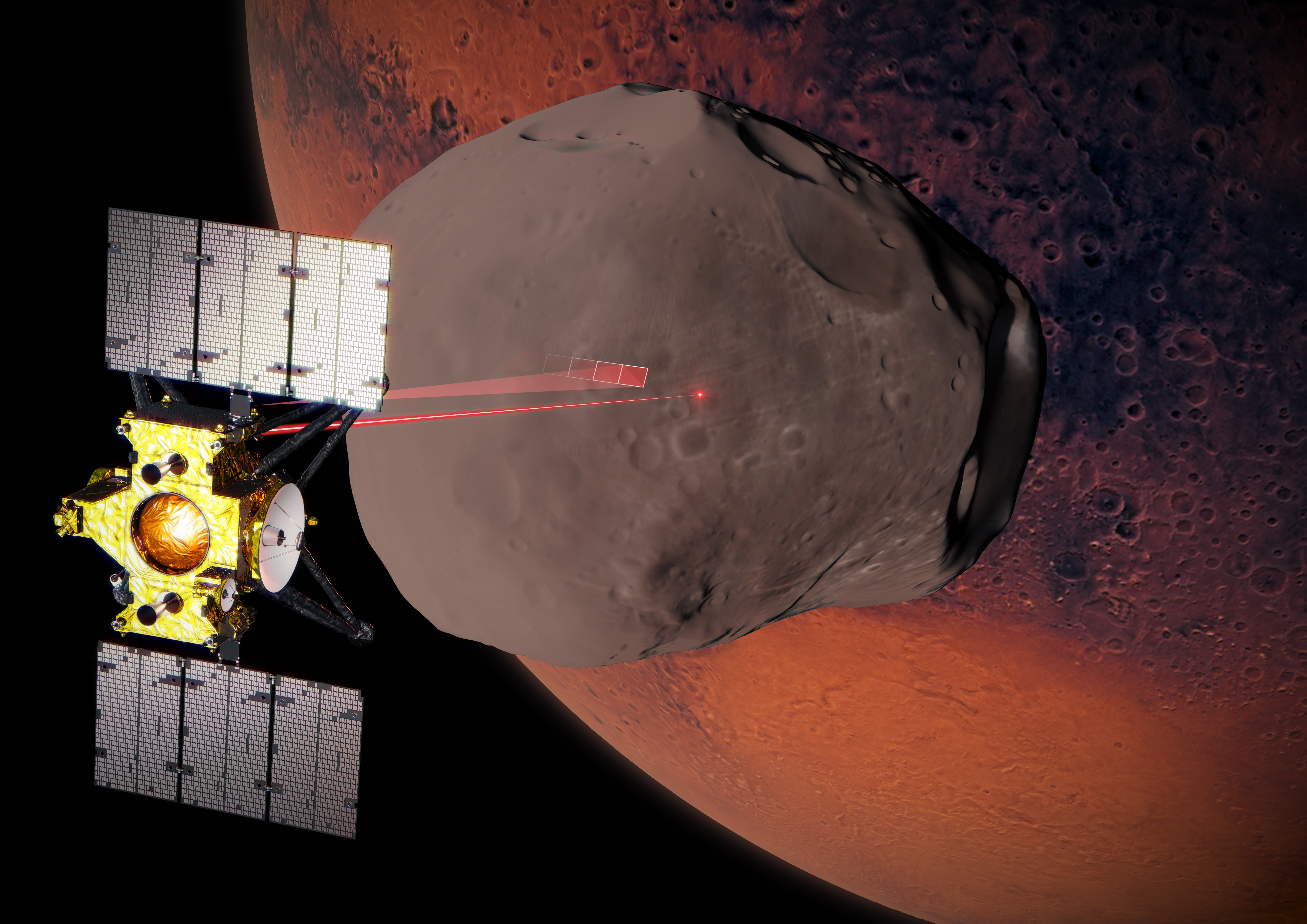 Artist impression of observing Phobos from an orbit of 70km above the surface of the moon. 