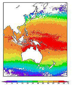 Sea surface temperature detected by a Himawari satellite. The redder areas are warmer. (courtesy: JMA)