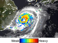 A typhoon captured by JAXA's Shizuku (Global Change Observation Mission – Water) satellite. The red areas indicate heavy rainfall. The black-and-white image in the background is cloud distribution recorded by a Himawari satellite.