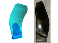 Prototype of a hollow CFRP blade model. At left is a CAD model. Light blue indicates CFRP, and darker blue indicates the hollow center.