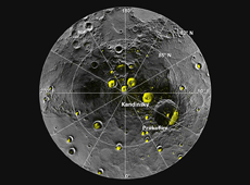 Mercury’s pole imaged by MESSENGER. There is a possibility of the existence of a lot of ice. (courtesy: NASA/Johns Hopkins University Applied Physics Laboratory/Carnegie Institution of Washington/National Astronomy and Ionosphere Center, Arecibo Observatory)