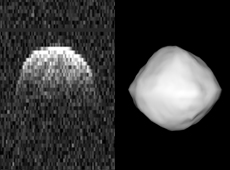 Asteroid Bennu imaged by radar (left) and shape model (courtesy of NASA/JPL-Caltech (left), NASA/NSF/Cornell/Nolan)