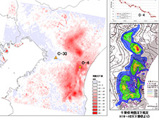 Ground subsidence. Darker red pixels indicate increased amounts of subsidence. (courtesy: Kokusai Kogyo Co., Ltd.)