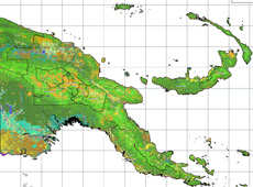 Forests in Papa New Guinea. This image indicates where forests are located, and what types of forests they contain. (courtesy: JICA)