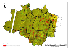 New logging detected by ALOS. Locations are indicated in red.