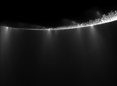 Water vapor spewing from the vicinity of the south pole of Enceladus (courtesy: NASA/JPL/Space Science Institute)