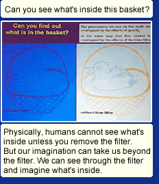 Can you see what's inside this basket? Physically, humans cannot see what's inside unless you remove the filter. But our imagination can take us beyond the filter. We can see through the filter and imagine what's inside.