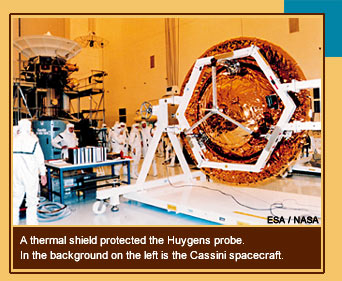 A thermal shield protected the Huygens probe.
															In the background on the left is the Cassini spacecraft.
