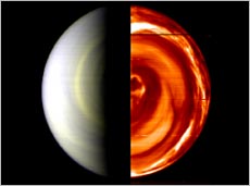 South Pole of Venus taken by Venus Express. The left half is the dayside, imaged at a wavelength of 380 nanometers. The right half, the nightside, was taken in infrared. You can see a swirling vortex of clouds. (Courtesy of ESA)