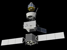 For the BepiColombo project, two orbiters (MPO and MMO) will be launched together. From top to bottom: MMO, the Sun Shield, MPO, and the Mercury Transfer Module. (Courtesy of ESA, EADS Astrium)