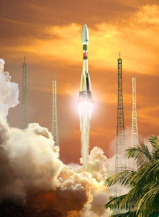 Launch of the Soyuz rocket from the ESA launch pad. (Artist's impression) (Courtesy of ESA)