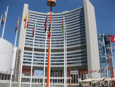 Courtyard of the United Nations Office in Vienna. The flags of 192 member countries are lined up. (Photo by UN Outer Space Affairs)