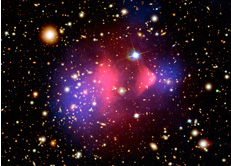 A colliding galaxy cluster 1E 0657-56. Red shows the distribution of high-temperature gas observed with X-rays, and blue indicates the distribution of dark matter, detected by the gravitational lensing effect. (courtesy: X-ray: NASA/CXC/CfA/M.Markevitch et al.; Optical: NASA/STScI; Magellan/U.Arizona/D.Clowe et al.; Lensing Map: NASA/STScI; ESO WFI; Magellan/U.Arizona/D.Clowe et al.)