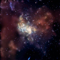 The center of the Milky Way galaxy viewed with X-rays. The gas spreading toward the top right and left from the center looks red. Red indicates low energy and blue indicates high energy. (courtesy: NASA/CXC/MIT/F.K.Baganoff et al.)