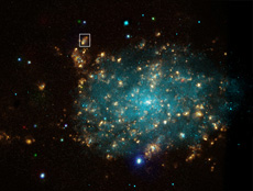 Inside the square is a black hole formed after a supernova explosion, which is located on the outer rim of galaxy NGC7793. (courtesy: X-ray (NASA/CXC/Univ of Strasbourg/M. Pakull et al); Optical (ESO/VLT/Univ of Strasbourg/M. Pakull et al); H-alpha (NOAO/AURA/NSF/CTIO 1.5m))